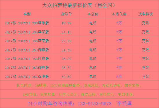 最新大众帕萨特价格一览